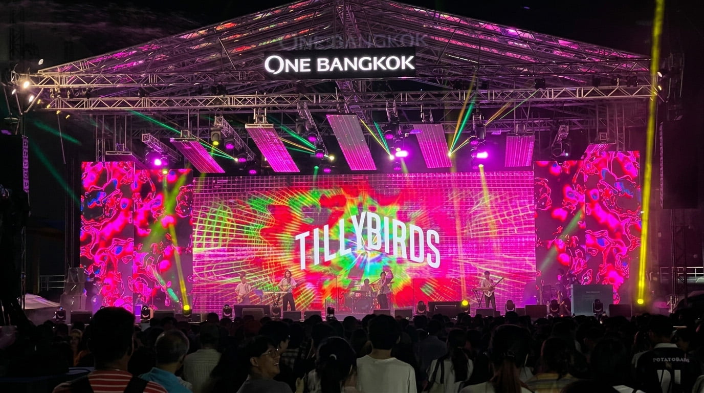 Concert stage with rental LED panels behind performers