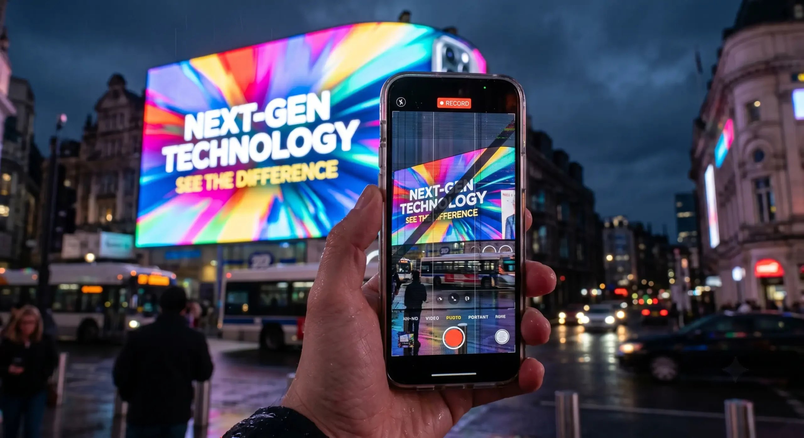 Smartphone camera pointed at a large urban LED display, illustrating how low effective scan frequency causes visible scan line artifacts in captured footage