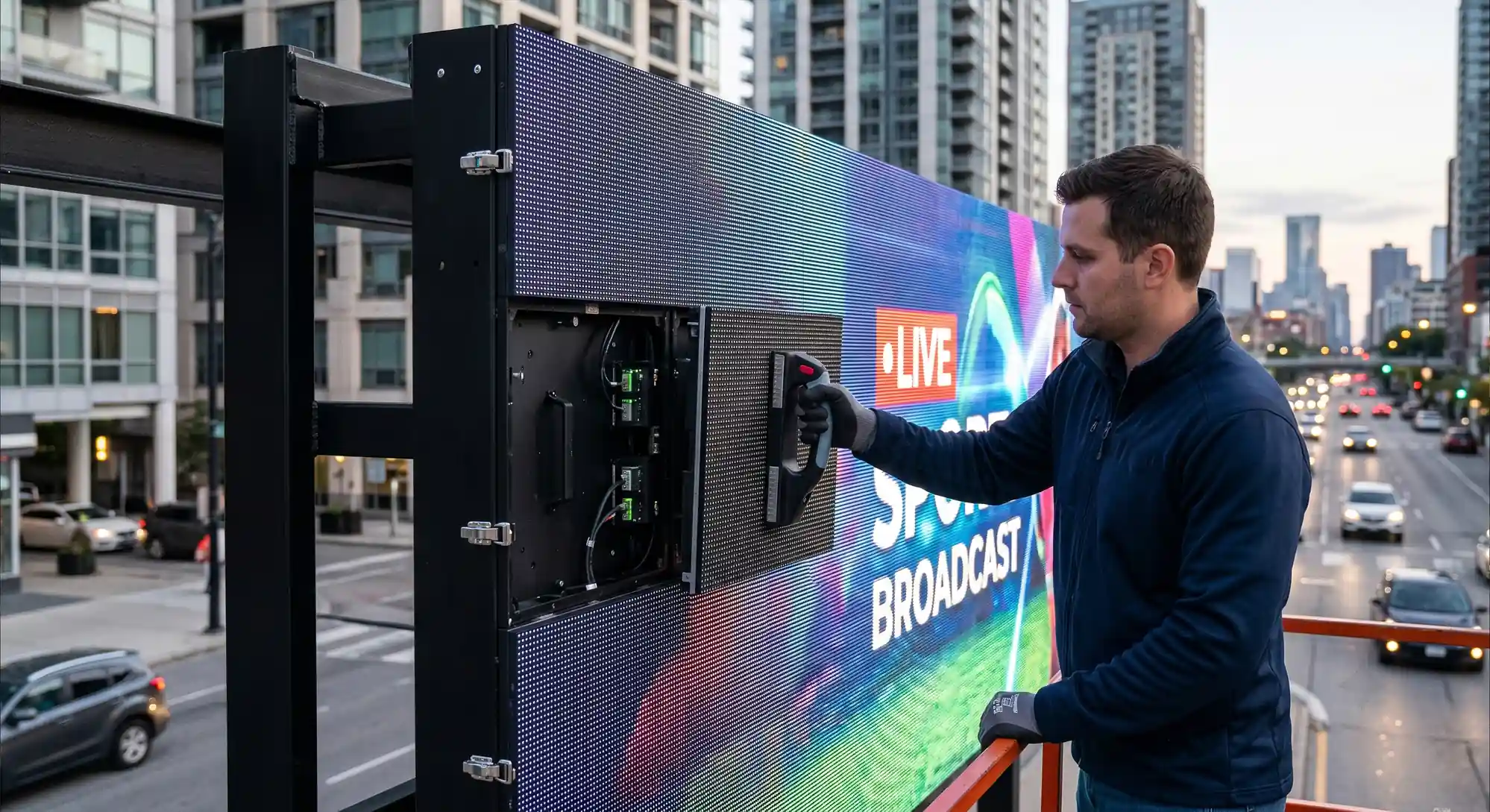 Full front-service outdoor LED billboard cabinet with visible magnetic module extraction tool, illustrating tool-free quick-swap maintenance access from the front face