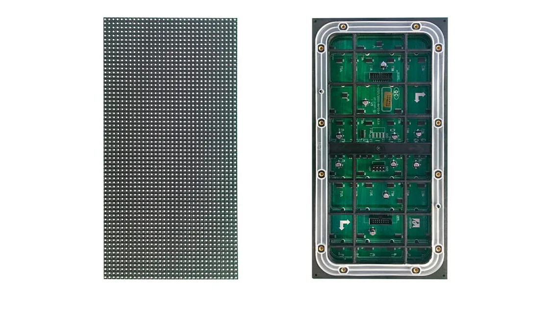Macro close-up of an outdoor LED display panel showing the structure of individual LED emitters, PCB traces, and pixel pitch spacing