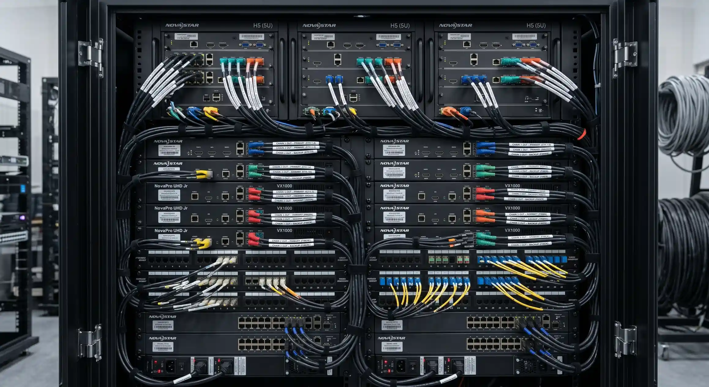 Professional LED video processor and signal distribution rack showing Novastar processing hardware and redundant cabling