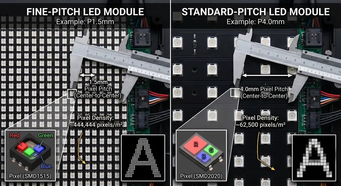 Close-up comparison of fine-pitch and standard-pitch LED modules