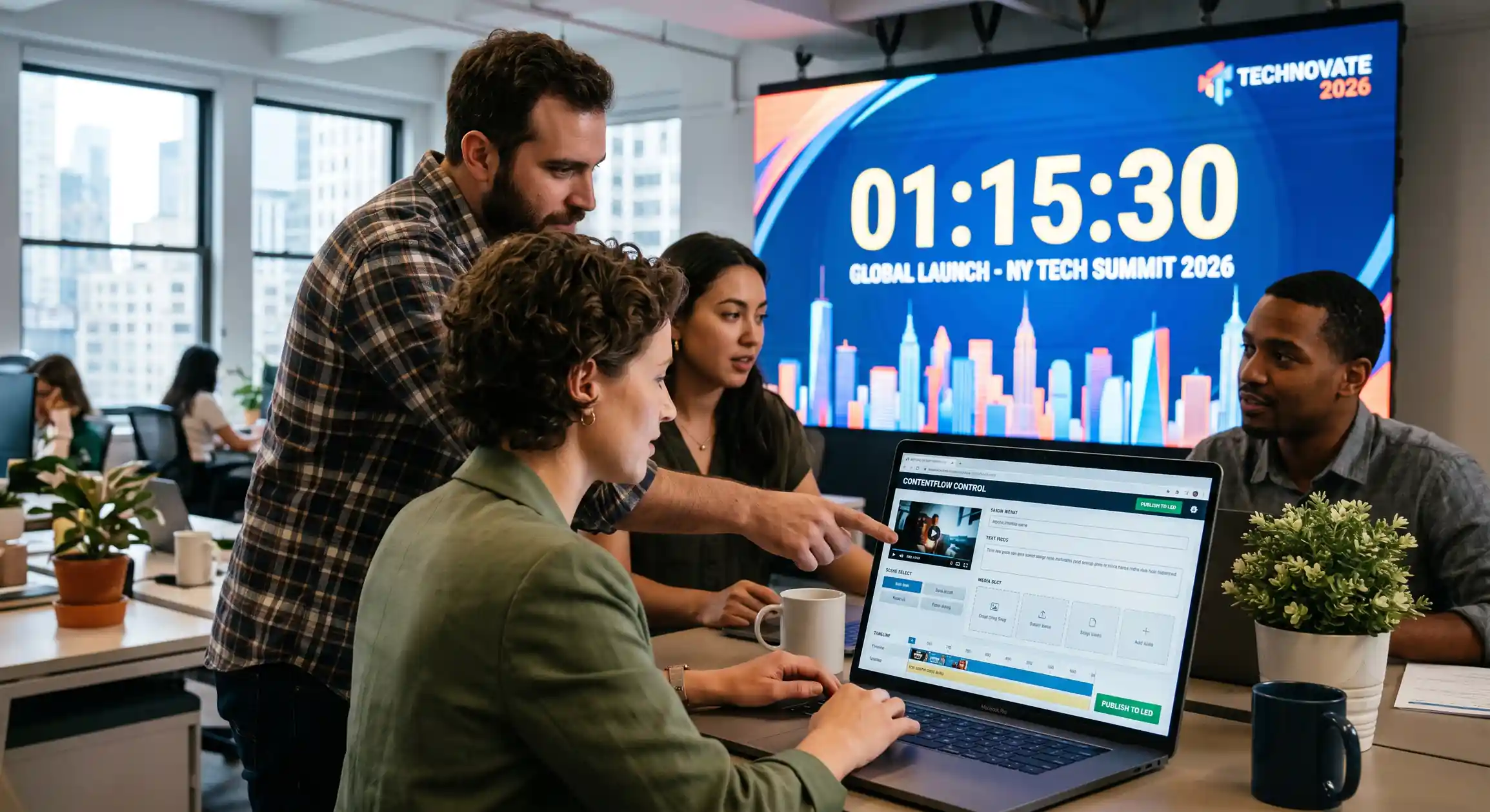 Marketing team controlling LED screen content from a laptop dashboard