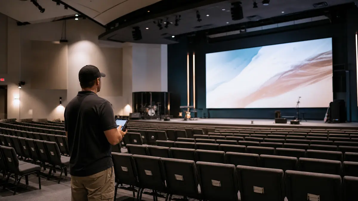 AV technician checking viewing distance and sightlines for a church LED screen