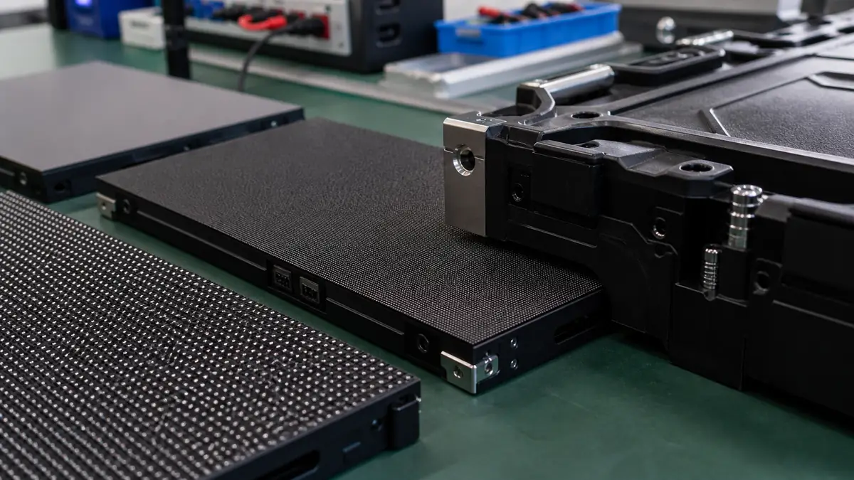 Close-up of LED display modules and cabinet hardware on a factory workbench
