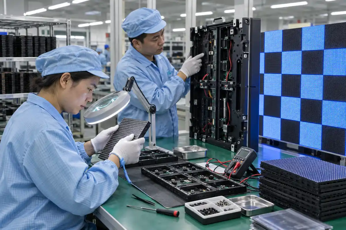 Technicians performing LED module aging and visual inspection on LED display modules in a factory quality-control area