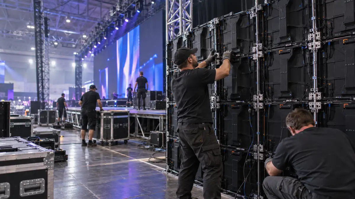Rental LED cabinets being assembled for a concert or exhibition stage